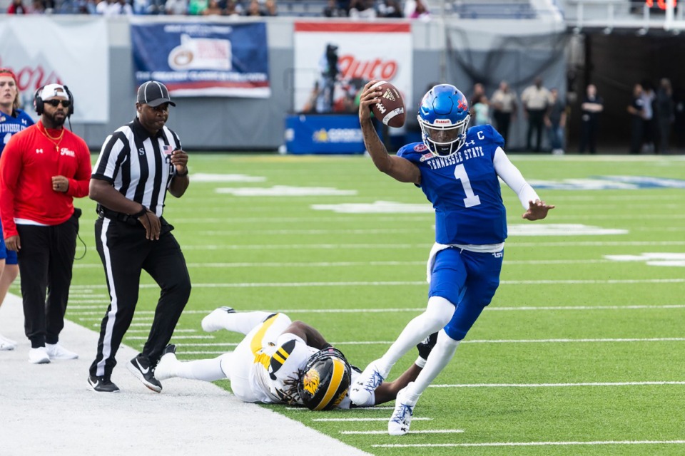 <strong>TSU&rsquo;s Draylen Ellis runs with the ball during Saturday&rsquo;s Arkansas Pine-Bluff vs. Tennessee State University in the annual Southern Heritage Classic football game. at Simmons Bank Liberty Stadium on Saturday, Sept. 14, 2024.</strong> (Brad Vest/Special to The Daily Mempian)