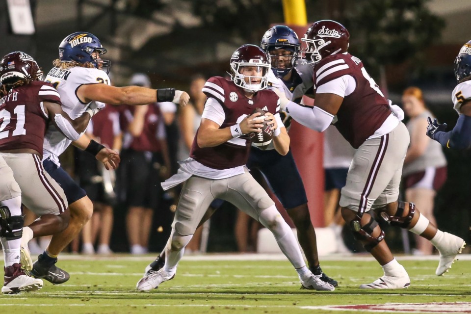 <strong>Mississippi State quarterback Blake Shapen (2) tries to avoid a sack against Toledo during the first half of an NCAA college football game in Starkville, Miss., Saturday, Sept. 14, 2024.</strong> (AP Photo/James Pugh)