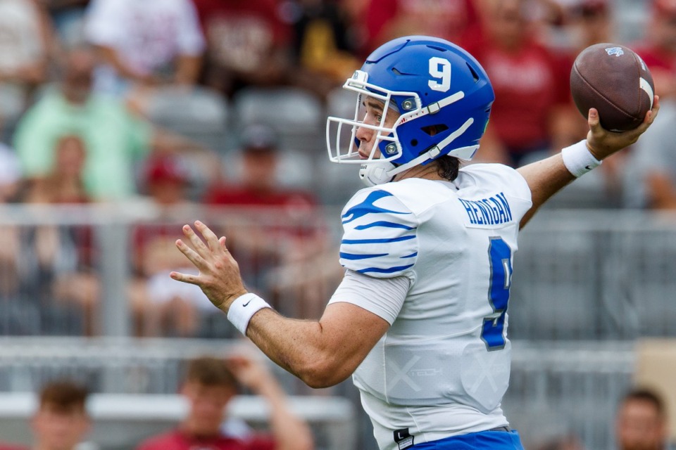 <strong>Memphis quarterback Seth Henigan passes during the first half of an NCAA college football game against Florida State, Saturday, Sept. 14, 2024, in Tallahassee, Fla.</strong> (AP Photo/Colin Hackley)