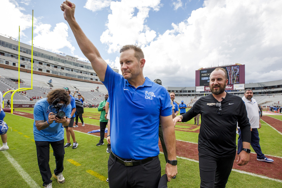 <strong>Memphis head coach Ryan Silverfield celebrates after his team beat Florida State 20-12 in a NCAA college football game, Saturday, Sept. 14, 2024, in Tallahassee, Fla.</strong> (Colin Hackley/AP Photo)