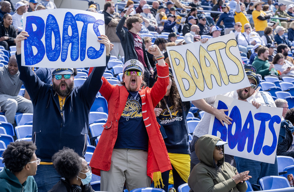 <strong>Justin Vowell, Rhett Rogers, Taylor Long and Tony Long get into the action at the Memphis Showboats home opener at Simmons Bank Liberty Stadium Saturday, April 6, 2024.</strong> (Greg Campbell/Special to The Daily Memphian)