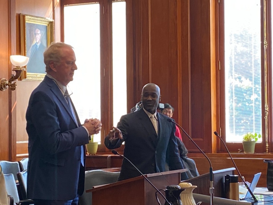 <strong>Attorneys Robert Meyers and Darrell O&rsquo;Neal in Circuit Court Tuesday, Sept. 17, sparred about whether the second ouster lawsuit against Shelby County Clerk Wanda Halbert should be heard or be dismissed.</strong> (Bill Dries/The Daily Memphian)