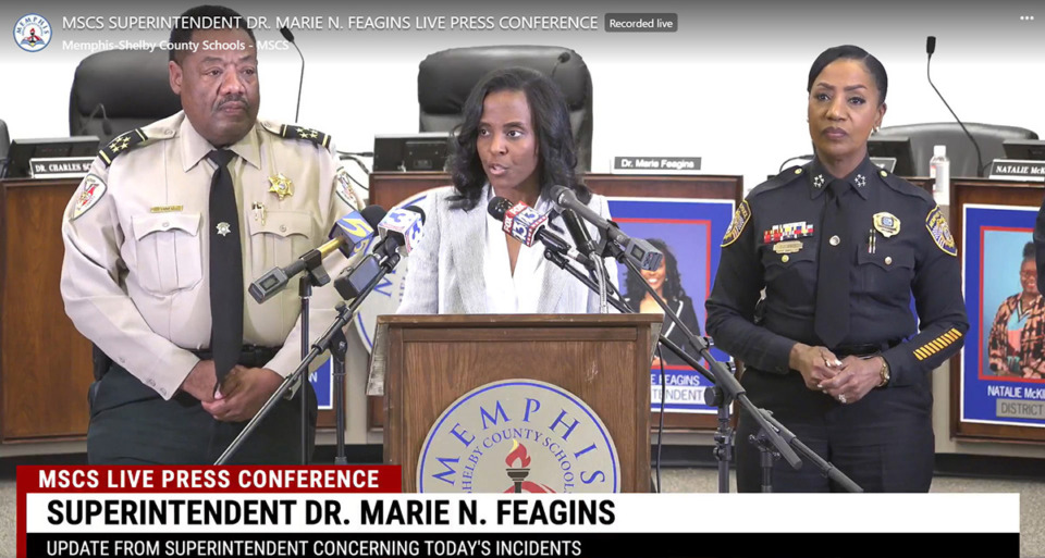 <strong>Memphis-Shelby County Schools Superintendent Marie Feagins, flanked by Shelby County Sheriff Floyd Bonner and Memphis Police Department Interim Chief C.J. Davis, updates the community about threats that prompted mass school lockdowns Sept. 18.</strong> (Screenshot Memphis-Shelby County Schools social media)