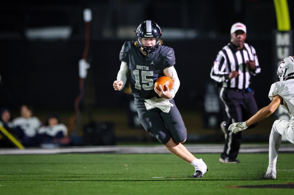 <strong>Houston Mustangs Quarterback Chandler Day (15) during the playoff game between Dickson County and the Houston Mustangs on Friday, Nov. 3, 2023.</strong> (Wes Hale/ Special to The Daily Memphian file)