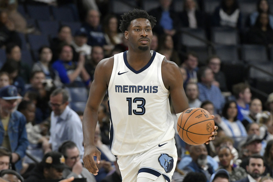 <strong>Memphis Grizzlies forward Jaren Jackson Jr. (13) brings the ball up court in a game against the Brooklyn Nets Monday, Feb. 26, 2024, in Memphis.</strong> (Brandon Dill/AP Photo)