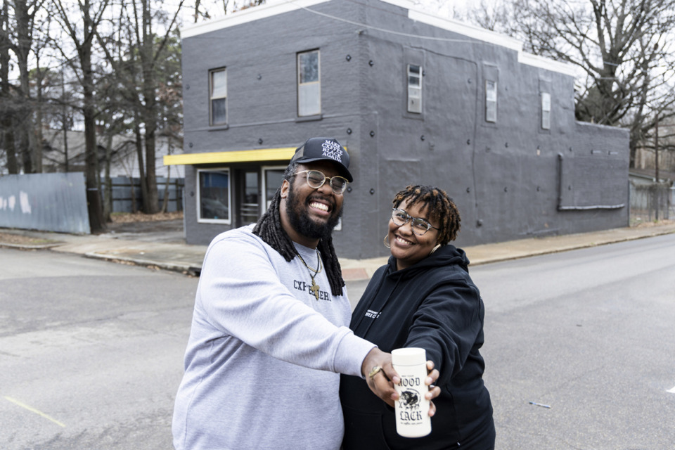 <strong>Bartholomew Jones, left, and Renata Henderson, right, cofounders of Cxffeeblack, pose Feb. 9, 2024, outside of what will be their new building.</strong> (Brad Vest/Sepcial to The Daily Memphian file)&nbsp;