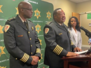 <strong>Shelby County Sheriff Floyd Bonner (middle) announces an arrest in the wave of school threats. He is flanked by Chief Deputy Anthony Buckner (left) and Memphis-Shelby County Schools Superintendent Marie Feagins.</strong> (Julia Baker/The Daily Memphian)