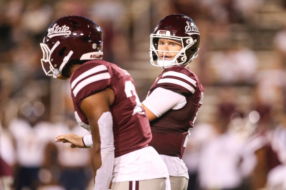 <strong>Mississippi State quarterback Blake Shapen (2) looks toward the sideline for a play call against Toledo during the second half of an NCAA college football game in Starkville, Miss., Saturday, Sept. 14, 2024. Toledo won 41-17.</strong> (AP Photo/James Pugh)