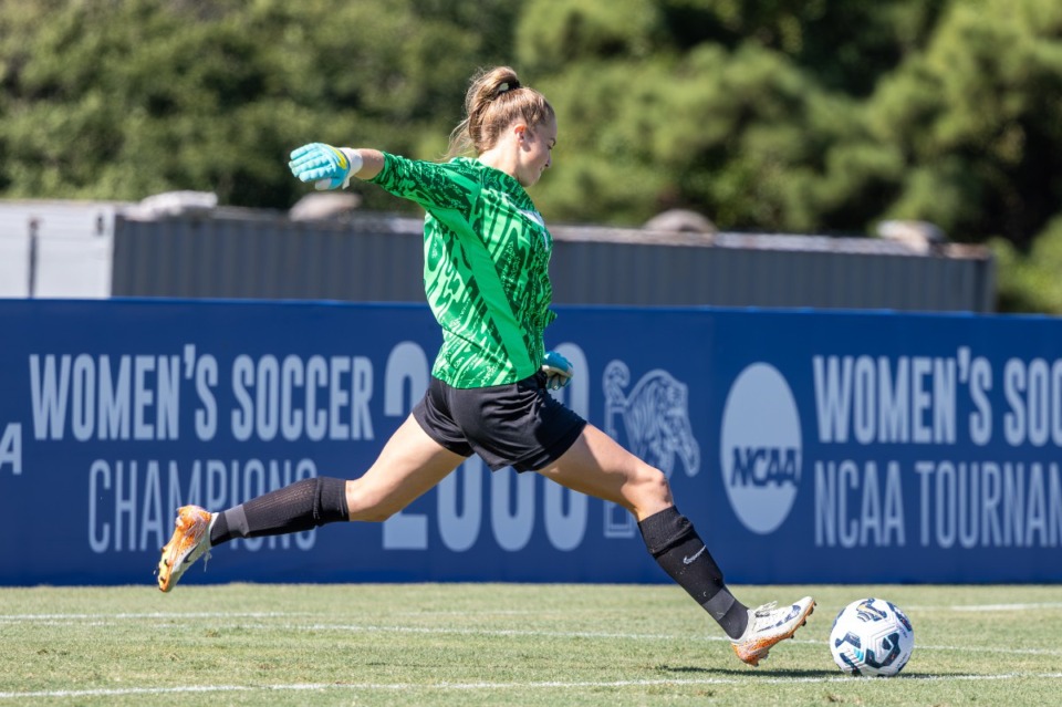 <strong>Kaylie Bierman (1) of the Memphis Tigers kicks the ball during the game between Memphis and Kansas State on Sunday, Sept. 8, 2024 in Memphis, TN.</strong> (Wes Hale/Special to The Daily Memphian)