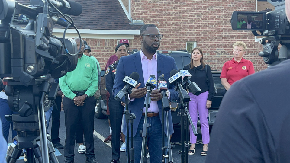 <strong>Mayor Paul Young speaks to the press with the Blight Zero team behind him at the initiative kickoff at St. John Missionary Baptist Church.</strong> (Submitted)