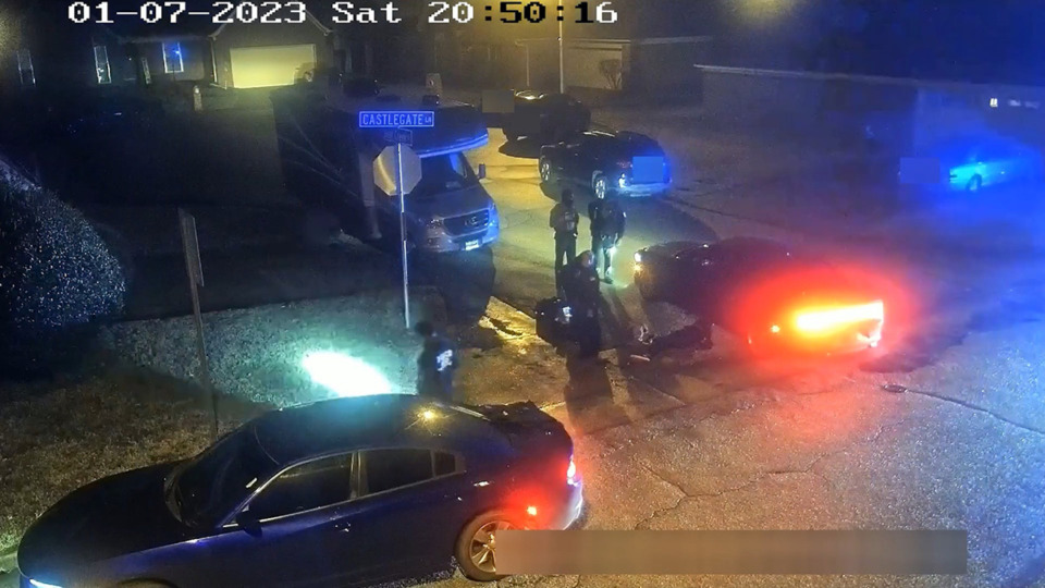 <strong>A pole-mounted camera shows the Shelby County Sheriff&rsquo;s deputy in the center of the video looking down at Tyre Nichols.</strong> (Screenshot)