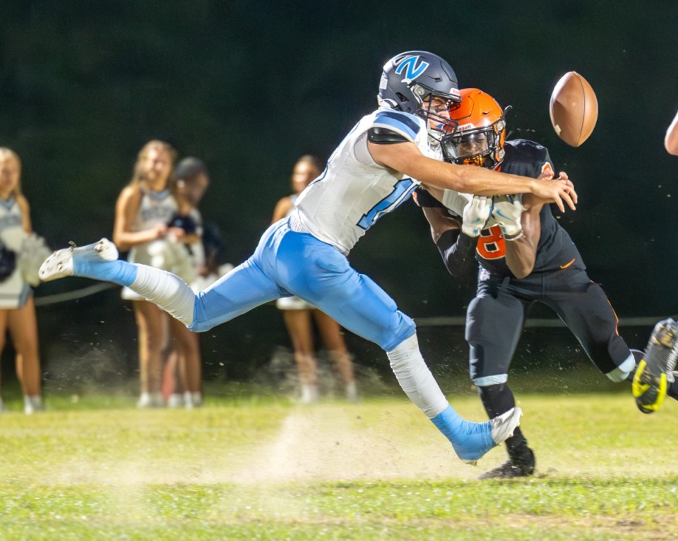 <strong>Northpoint's Tyler Thorne (11) breaks up a pass intended for Fairley's Troyce Grimsley (8) on Friday, Sept. 20, 2024.</strong> (Greg Campbell/Special to The Daily Memphian)