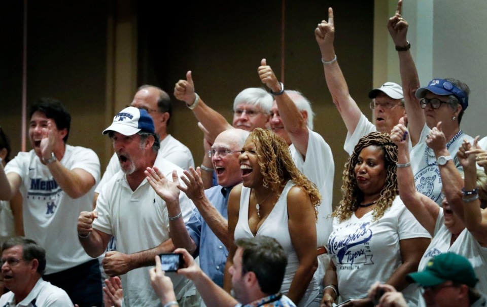 <strong>Memphis Tigers fans celebrate during a 87-77 victory over the Bahamas National Team in their exhibition game in Nassau, Bahamas, Saturday, August 17, 2019.</strong> (Mark Weber/Daily Memphian)