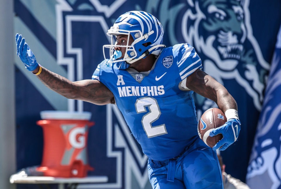 <strong>University of Memphis running back Mario Anderson (2) celebrates a touchdown during a Sept. 7, 2024 game against Troy.</strong> (Patrick Lantrip/The Daily Memphian)