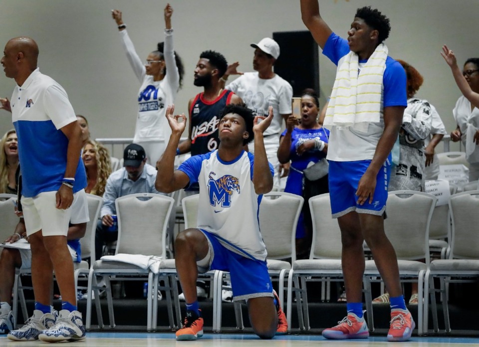 <strong>Memphis Tigers center James Wiseman (middle) celebrates a made 3-pointer during action against the Bahamas National Team in their exhibition game in Nassau, Bahamas, Saturday, August 17, 2019.</strong> (Mark Weber/Daily Memphian)