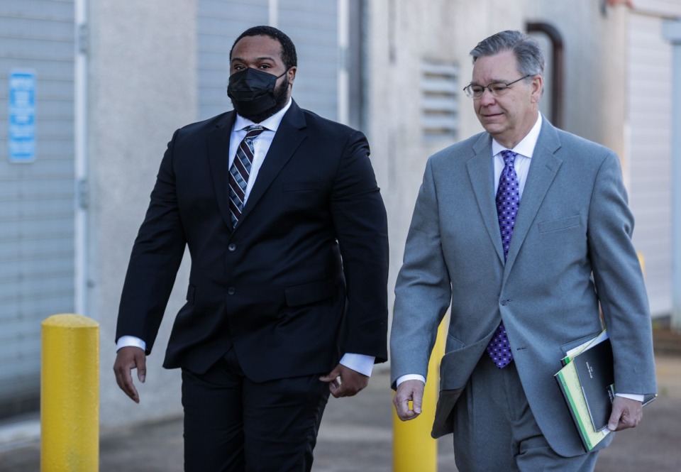 <strong>Demetrius Haley, a Memphis Police Department officer accused of killing Tyre Nichols last year, walks into federal court with attorney in Memphis, April 4, 2024.</strong> (Patrick Lantrip/The Daily Memphian file)