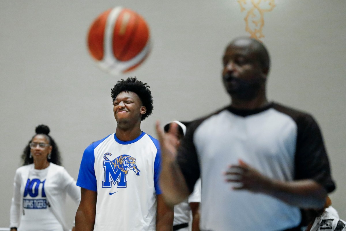 Memphis Tigers center James Wiseman <strong>(middle) reacts on the bench during action against the Bahamas National Team in their exhibition game in Nassau, Bahamas, Saturday, August 17, 2019.</strong> (Mark Weber/Daily Memphian)