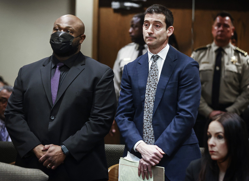 <strong>Former Memphis Police Department officer Desmond Mills Jr. (left) appeared with attorney Blake Ballin Feb. 17, 2023, in Judge James Jones&rsquo; courtroom.</strong> (Mark Weber/The Daily Memphian file)