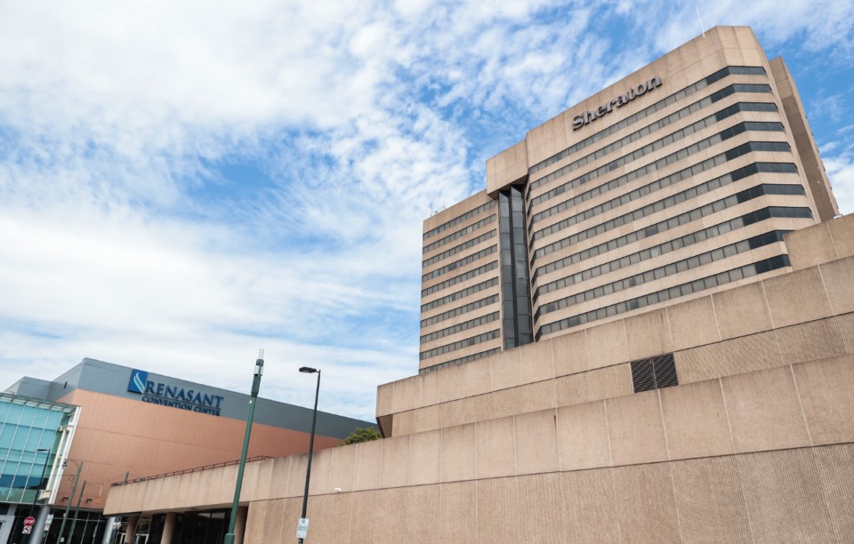 <strong>The city expects to buy the Downtown Memphis Sheraton hotel, which is connected to the Renasant by a pedestrian bridge.</strong> (Patrick Lantrip/The Daily Memphian)