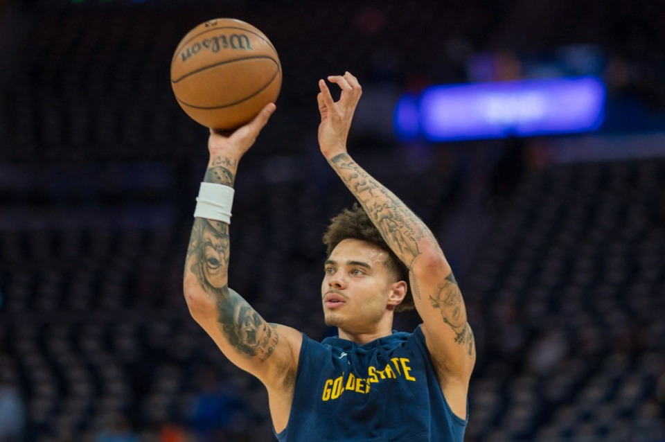 <strong>Golden State Warriors guard Lester Quinones warms up before an NBA basketball game against the Utah Jazz, Sunday, April 7, 2024, in San Francisco.</strong> (AP Photo/Nic Coury)