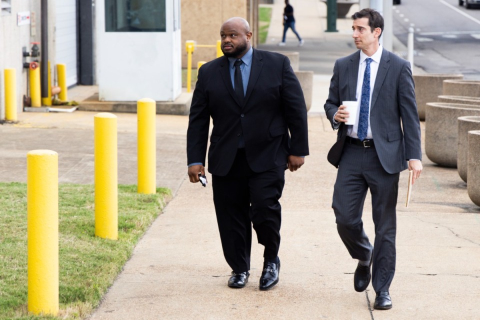 <strong>Desmond Mills (left) arrives at the Odell Horton Federal Building with his attorney Blake Ballin (right) Sept. 25.</strong> (Brad Vest/Special to The Daily Memphian)