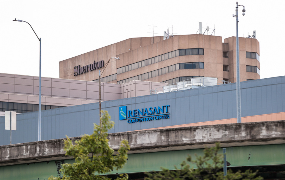 <strong>On Tuesday, Sept. 24, Memphis Mayor Paul Young proposed buying the Sheraton (background), which is connected to the Renasant Convention Center (foreground) by a pededstrian bridge.</strong> (Patrick Lantrip/The Daily Memphian file)