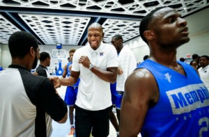 <strong>Memphis Tigers head coach Penny Hardaway (middle) jokes with the officials after beating Raw Talent Elite 107-77 in their exhibition game in Nassau, Bahamas, Sunday, August 18, 2019.</strong> (Mark Weber/Daily Memphian)
