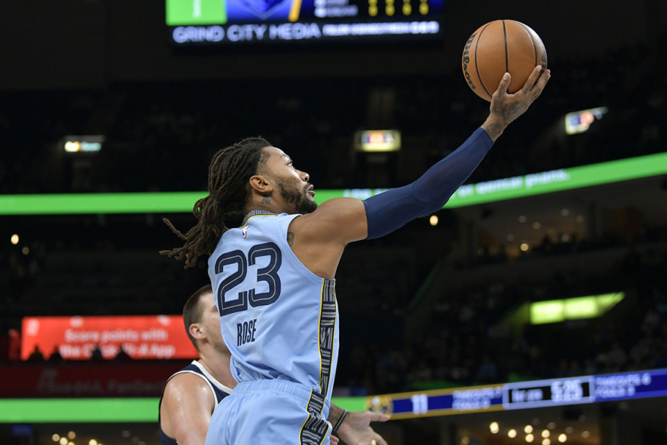 <strong>Memphis Grizzlies guard Derrick Rose (23) shoots against the Denver Nuggets during the first half of an NBA basketball game Friday, Oct. 27, 2023, in Memphis, Tenn</strong>. (Brandon Dill/AP file)