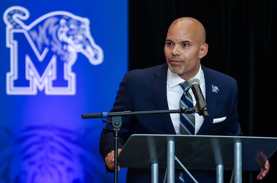 <strong>University of Memphis athletic director Ed Scott speaks at a June 28 press conference announcing his arrival.</strong> (Patrick Lantrip/The Daily Memphian file)