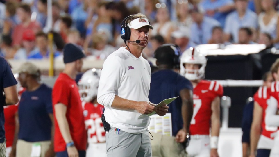 <strong>Mississippi head coach Lane Kiffin stands on the field before a game against Georgia Southern during an NCAA college football game on Saturday, Sept. 21, 2024, in Oxford, Miss. Mississippi won 52 to 13.</strong> (Sarah Warnock/AP Photo)