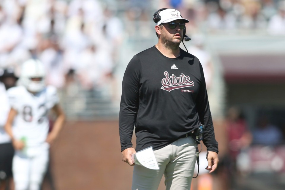 <strong>Mississippi State head coach Jeff Lebby watches a play from the sidelines against Florida during the second half of an NCAA college football game in Starkville, Miss., Saturday, Sept. 21, 2024. Florida won 45-28.</strong> (James Pugh/AP Photo)