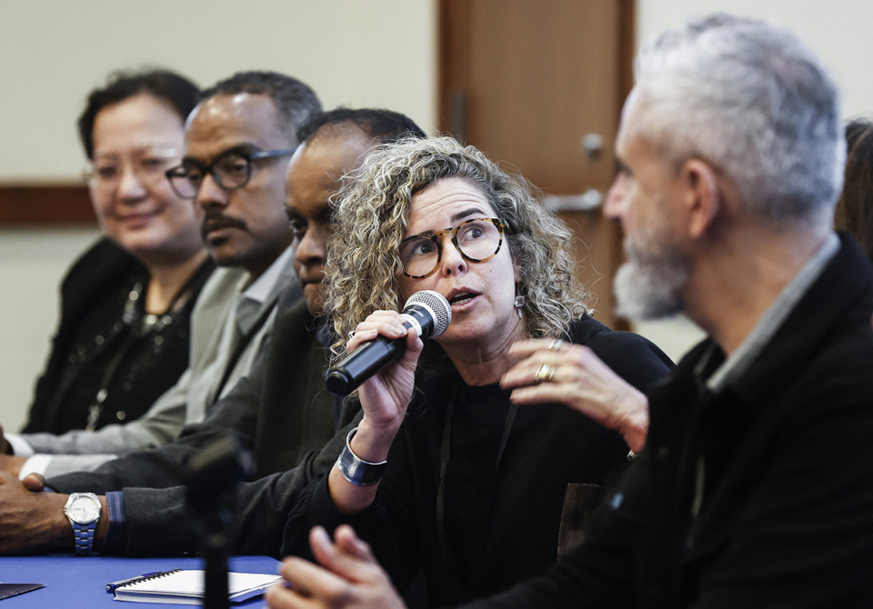 <strong>Dr. Erica Kastrup, middle, along with fellow public health leaders from 15 countries takes part in panel discussions during a University of Memphis summit Sept. 27.</strong> (Mark Weber/The Daily Memphian)