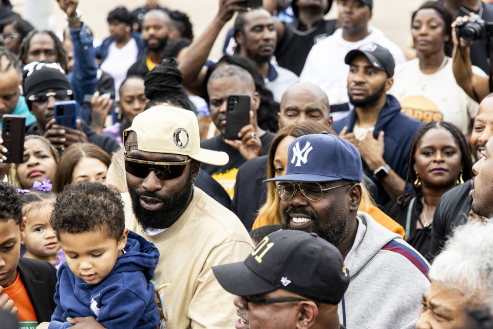 <strong>MJG (left), and 8Ball attended a ceremony Saturday at Park Avenue and Airways Boulevard, where an honorary sign renaming the intersection for them was unveiled.</strong> (Brad Vest/Special to The Daily Memphian)