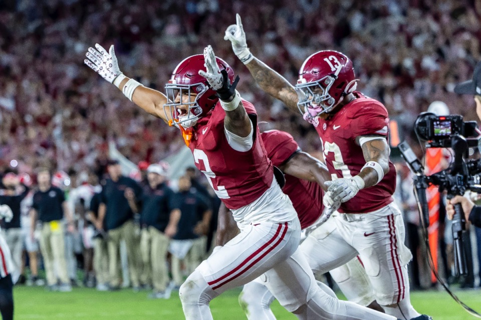 <strong>Alabama defensive back Zabien Brown (2) celebrates his game-clinching interception with Alabama defensive back Malachi Moore (13) during the second half of an NCAA college football game against Georgia, Saturday, Sept. 28, 2024, in Tuscaloosa, Ala.</strong> (AP Photo/Vasha Hunt)