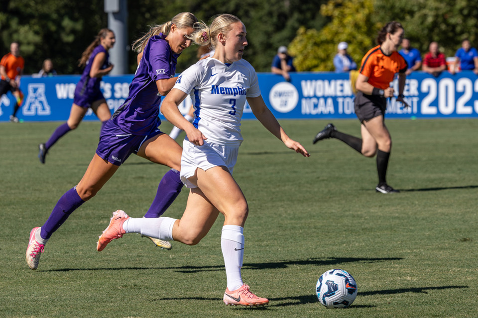 <strong>Anna Hauer (3) of the Memphis Tigers scored the only goal of the match on Sunday, Sept. 29. Hauer looks to pass the ball during the game between Memphis and Kansas State on Sunday, Sept. 8, 2024 in Memphis.</strong> (Wes Hale/Special to The Daily Memphian)