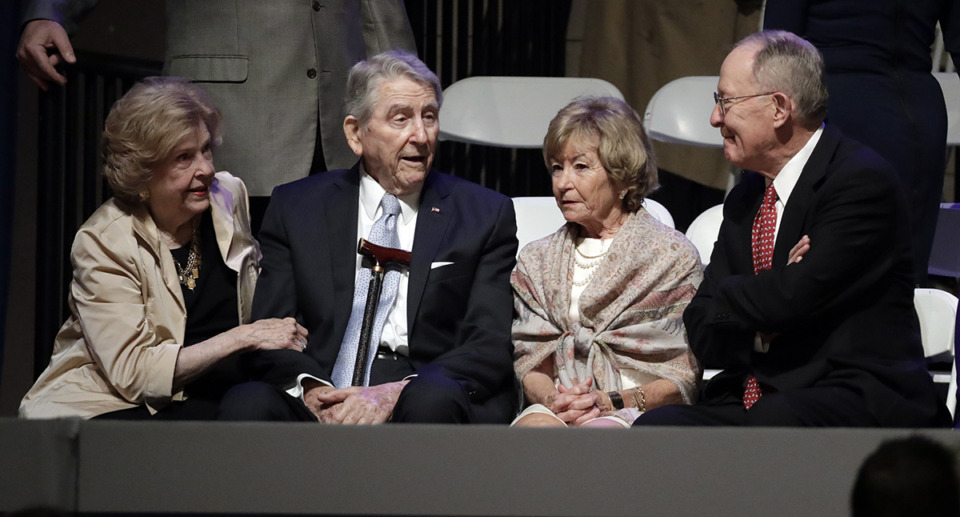 <strong>Former Tennessee Gov. Winfield Dunn, second from left, talks with fellow former governor Sen. Lamar Alexander, R-Tenn., right, before the inauguration of Bill Lee in War Memorial Auditorium Saturday, Jan. 19, 2019, in Nashville. With them are their wives, Betty Dunn, left, and Honey Alexander, second from right.</strong> (Mark Humphrey/AP Photo file)