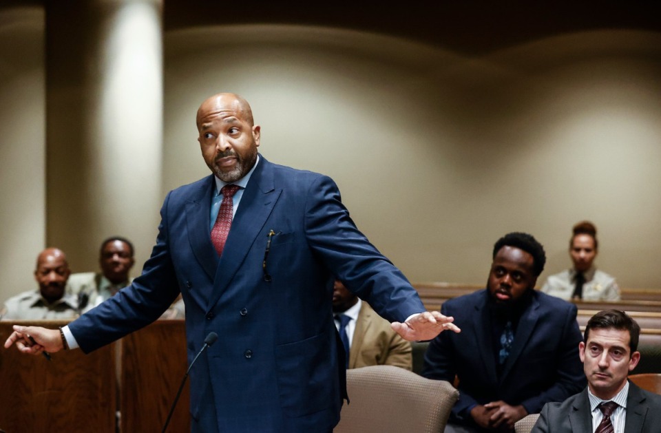 <strong>Attorney John Keith Perry speaks on behalf of his client former Memphis Police officer Tadarrius Bean (back right) in Judge James Jones&rsquo; courtroom on Friday, Sept. 15, 2023.</strong> (Mark Weber/The Daily Memphian file)