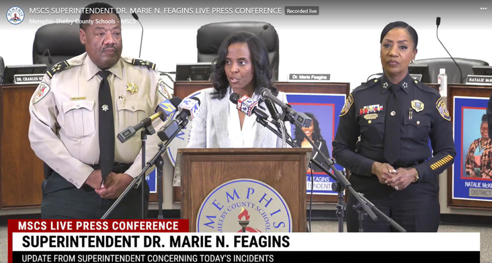 <strong>Memphis-Shelby County Schools Superintendent Marie Feagins, flanked by Shelby County Sheriff Floyd Bonner (left) and Memphis Police Department Interim Chief C.J. Davis, updates the community about threats that prompted mass school lockdowns Sept. 18.</strong>&nbsp;(Screenshot Memphis-Shelby County Schools social media)