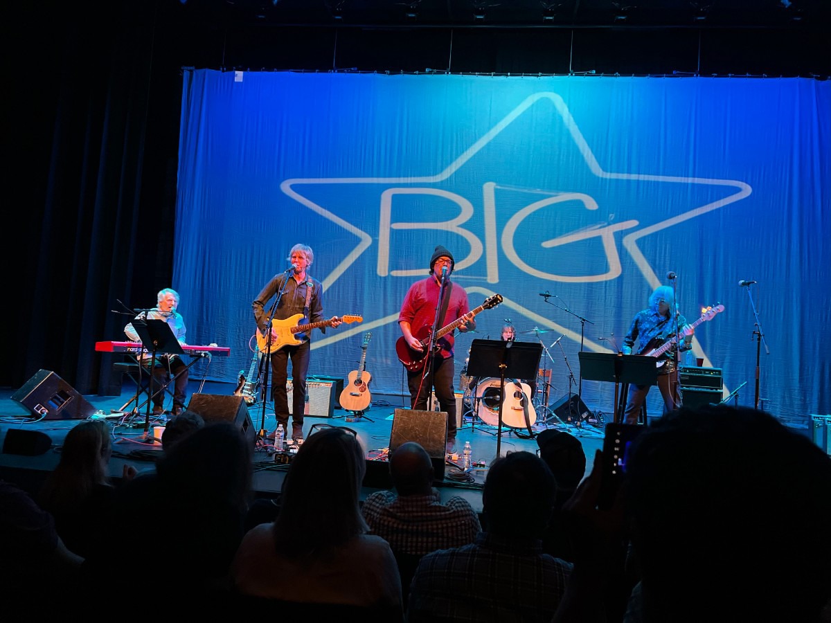 <strong>Chris Stamey, left, trades his acoustic guitar for keyboards at&nbsp;the Radio City Big Star Reunion on Oct. 1, 2024. He is joined by (from second left) Pat Sansone, Jon Auer, Jody Stephens and Mike Mills.</strong>&nbsp;(Jody Callahan/The Daily Memphian)