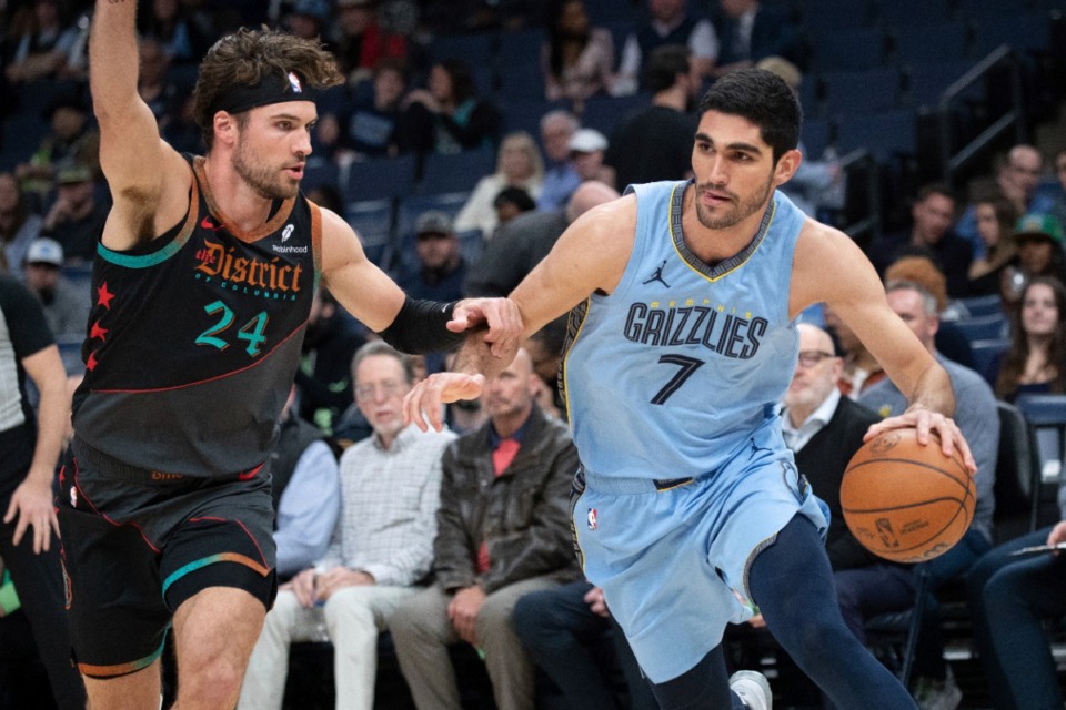 <strong>Washington Wizards forward Corey Kispert (24) defends against Memphis Grizzlies forward Santi Aldama (7) during the first half of an NBA basketball game Tuesday, March 12, 2024, in Memphis, Tenn.</strong> (AP Photo/Nikki Boertman)