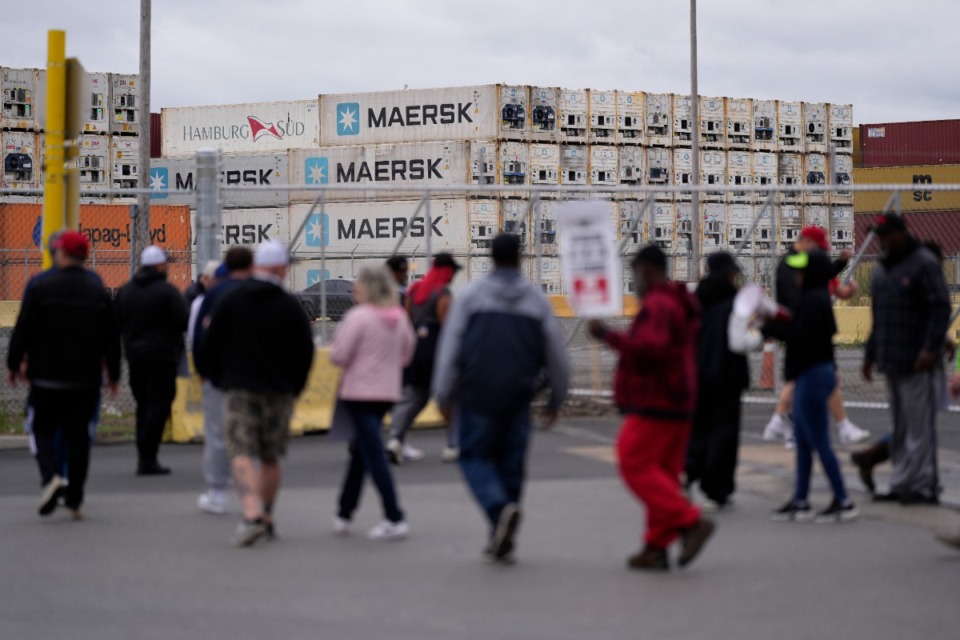 <strong>Striking longshoremen picket outside the Packer Avenue Marine Terminal Port in Philadelphia.</strong> (Matt Slocum/AP)