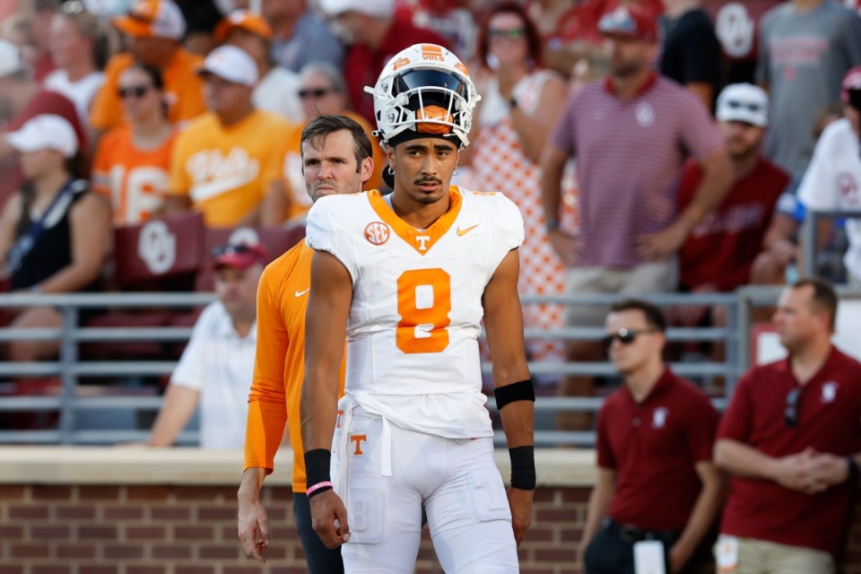 <strong>Tennessee quarterback Nico Iamaleava (8) is averaging 223 yards passing per game completing 69.3% of his passes. He has thrown seven TD passes with only two interceptions.</strong> (Alonzo Adams/AP)