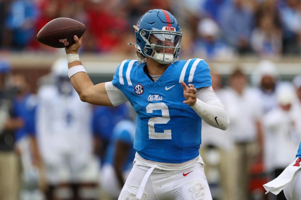 <strong>Mississippi quarterback Jaxson Dart (2) throws the ball during the second half of an NCAA college football game against Kentucky on Saturday, Sept. 28, 2024, in Oxford, Miss. Kentucky won 20-17.</strong> (AP Photo/Randy J. Williams)