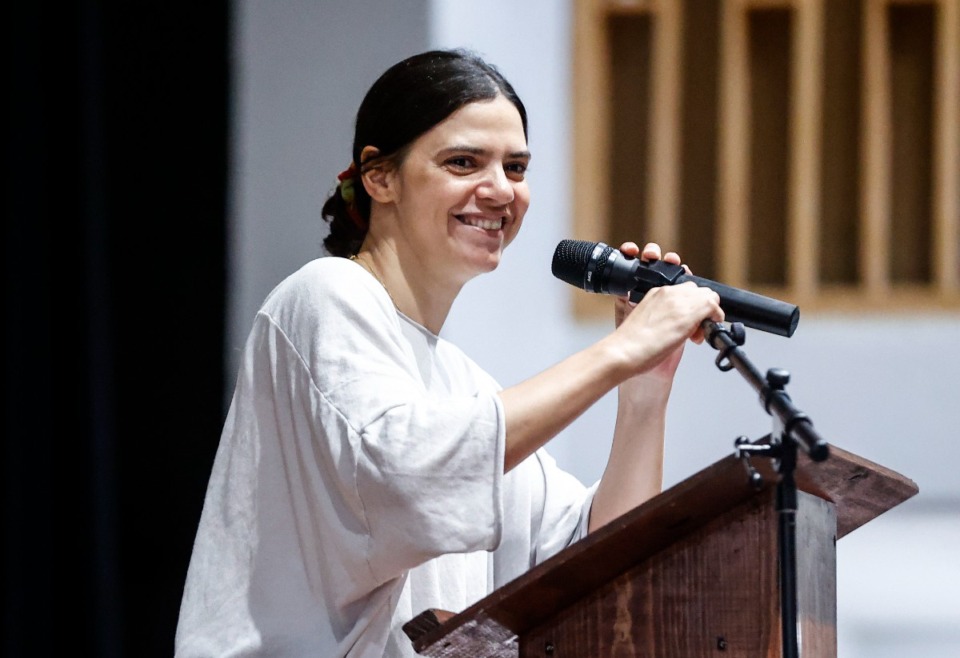 <strong>Author Valeria Luiselli chats with Freedom Preparatory Academy high school students Oct. 2.</strong> (Mark Weber/The Daily Memphian)