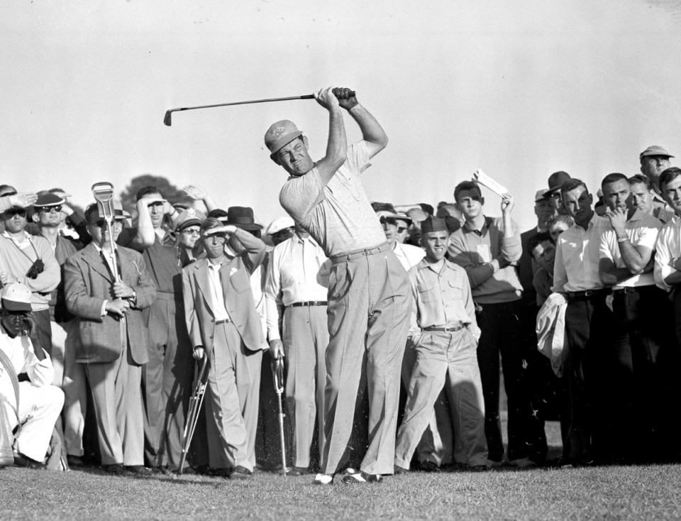 <strong>Cary Middlecoff puts his all into a shot from the 15th fairway during second round of Masters Golf Tournament April 8, 1955. The Memphis dentist shot a birdie 4 on the hole and finished the round with a sensational 65 including an eagle on 13. He&rsquo;s among the past winners of the&nbsp;100-plus-year-old Memphis Golf Association City Amateur, now known as the City Am.</strong>&nbsp;(Horace Cort/AP file)