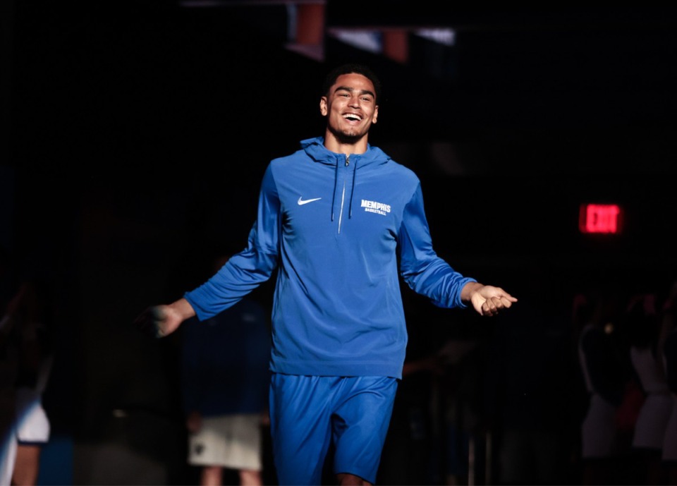 <strong>Memphis forward Nicholas Jourdain is introduced during the Blue and Gray Showcase Oct. 4.</strong> (Patrick Lantrip/The Daily Memphian)