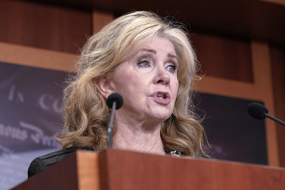 <strong>U.S. Sen. Marsha Blackburn, R-Tenn., speaks to the media during a press conference about the border Sept. 27, 2023, on Capitol Hill in Washington.</strong> (Mariam Zuhaib/AP file)