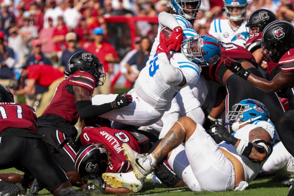 <strong>Mississippi defensive tackle JJ Pegues (89) twists his way into the end zone during the first half of an NCAA college football game against South Carolina Saturday, Oct. 5, 2024, in Columbia, S.C.</strong> (Artie Walker Jr./AP)