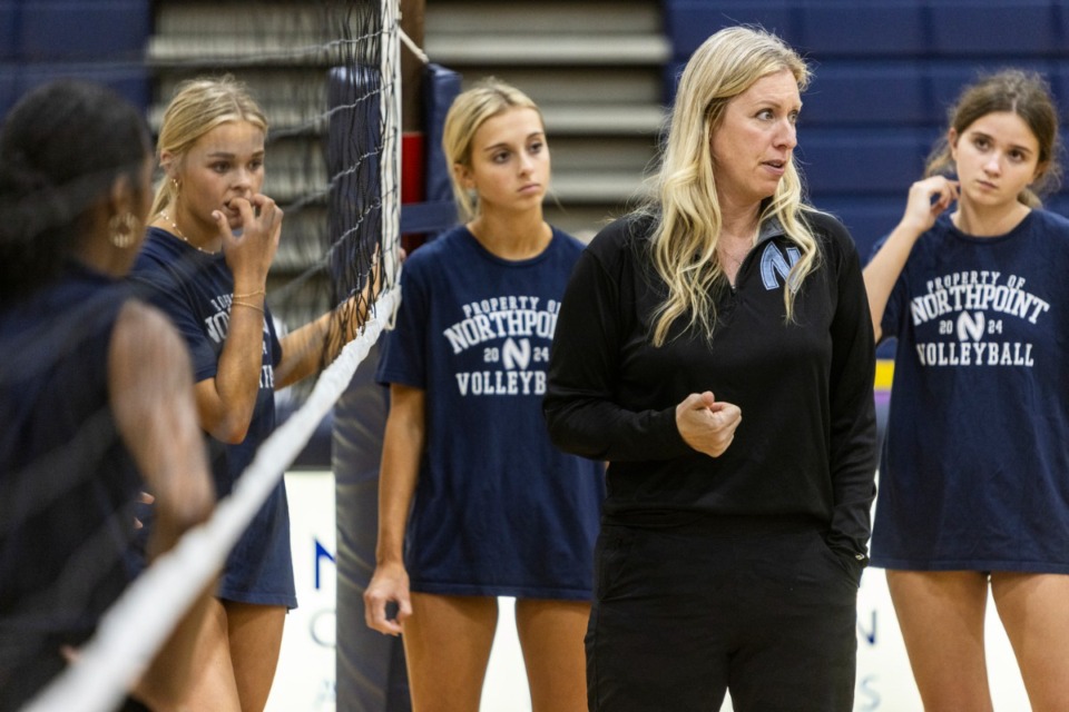 <strong>Northpoint Christian School&rsquo;s volleyball head coach Kim Robinson talks with her players during practice on Monday, Sept. 30, 2024.</strong> (Brad Vest/Special to The Daily Memphian)