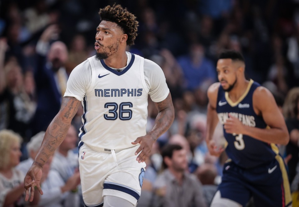 <strong>Memphis Grizzlies guard Marcus Smart (36) motions to the crowd after hitting a three pointer during an Oct. 25, 2023 game against the New Orleans Pelicans.</strong> (Patrick Lantrip/Daily Memphian file)